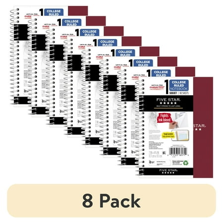 (8 pack) Five Star Personal College Ruled Notebook, 4.5" x 7", Burgundy Red, Poly, Spiral, 80 Sheets
