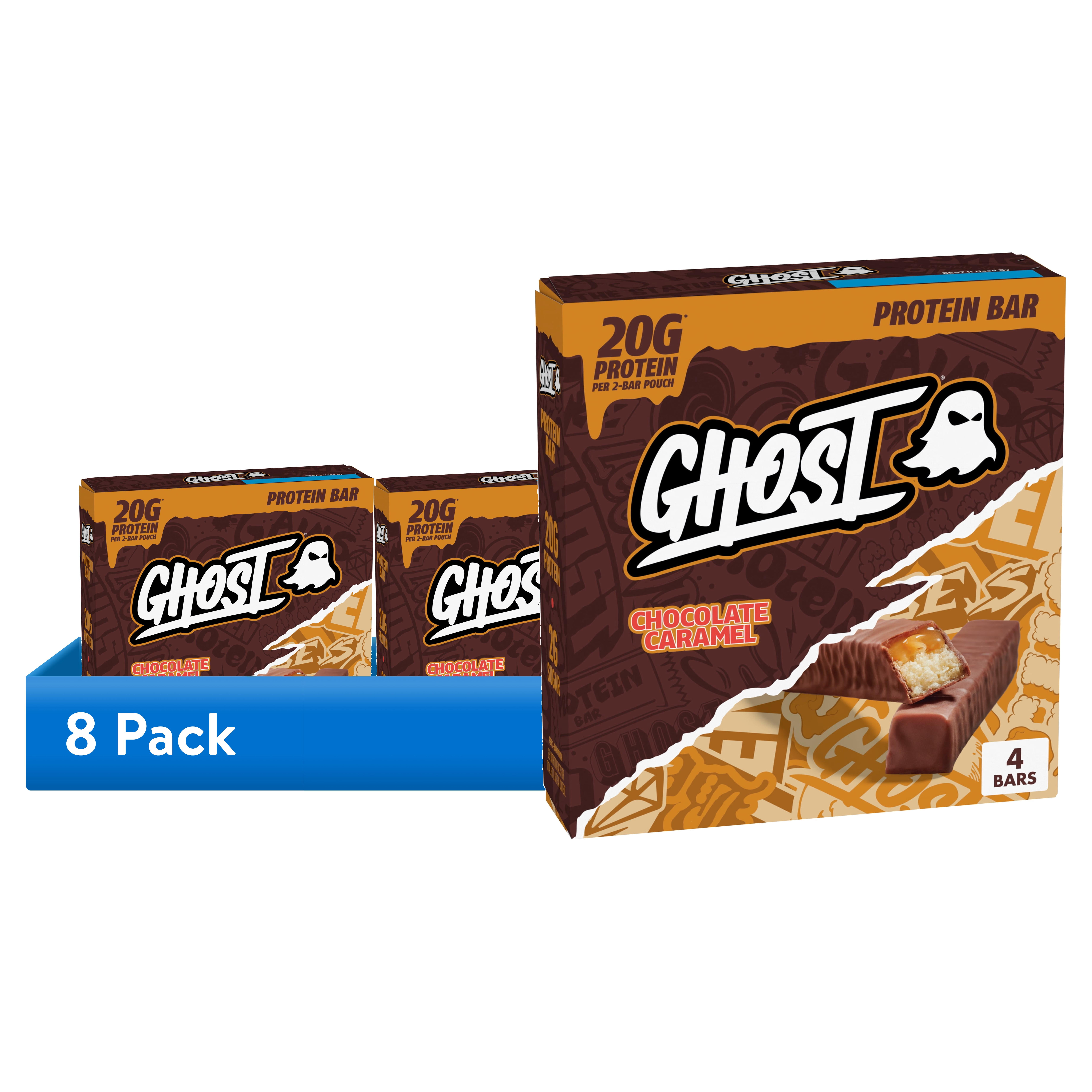(8 pack) GHOST PROTEIN BAR, CHOCOLATE CARAMEL Flavor, 20G Protein, 2G Sugar, 4 Ct, 9.2 oz