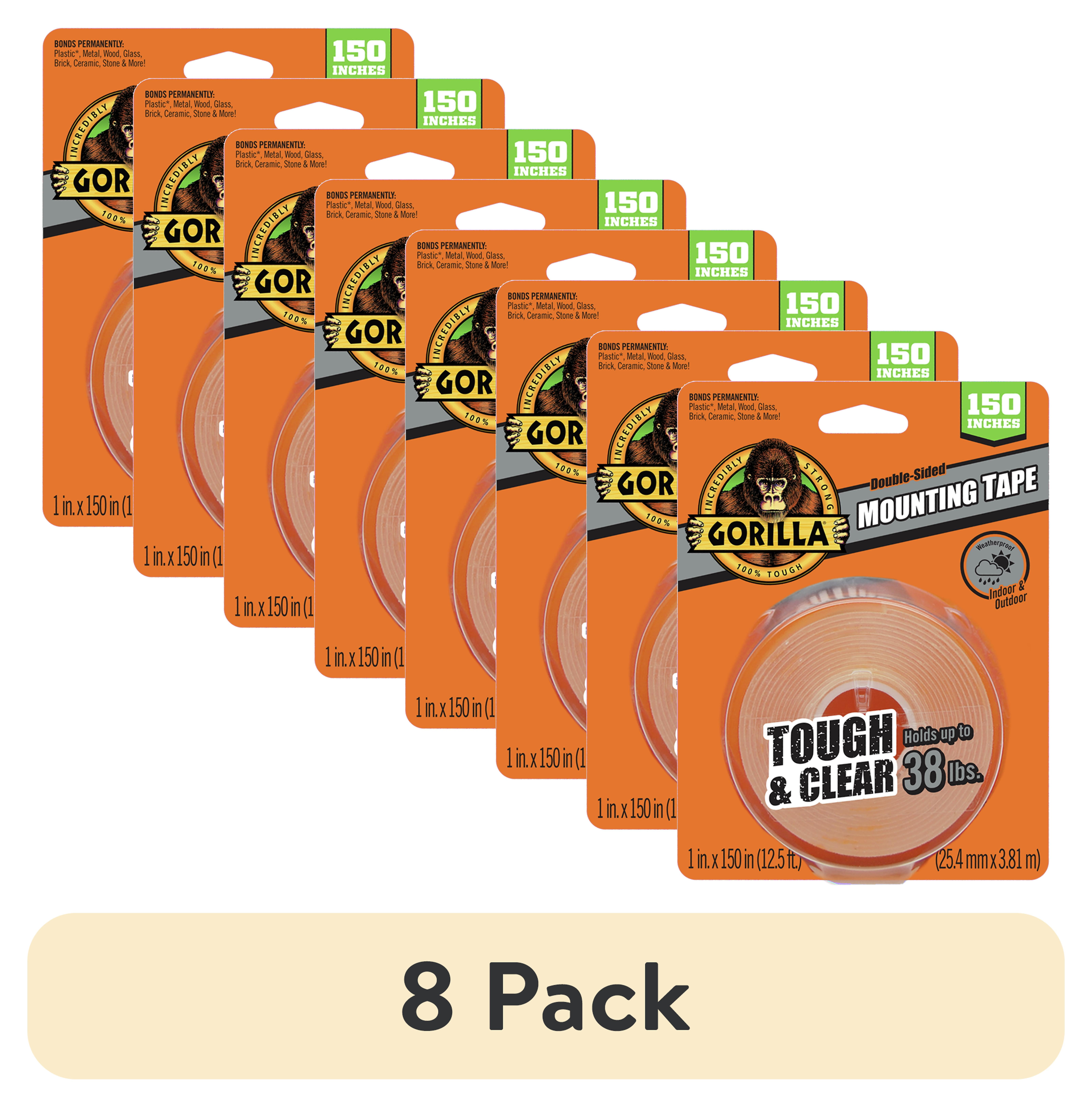 (8 pack) Gorilla Tough & Clear Double Sided Mounting Tape, Clear Tape, 1" x 150"
