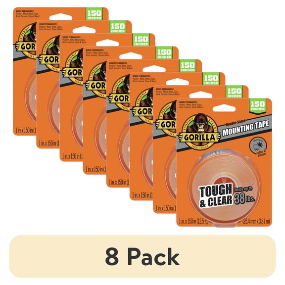 (8 pack) Gorilla Tough & Clear Double Sided Mounting Tape, Clear Tape, 1" x 150"