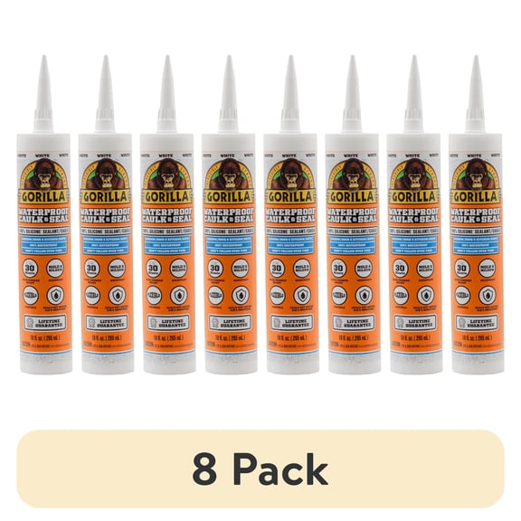 (8 pack) Gorilla Waterproof Caulk & Seal Silicone Sealant, 10oz Cartridge - White Caulking Sealant for Kitchen, Window, Bath, Marine, Door and More
