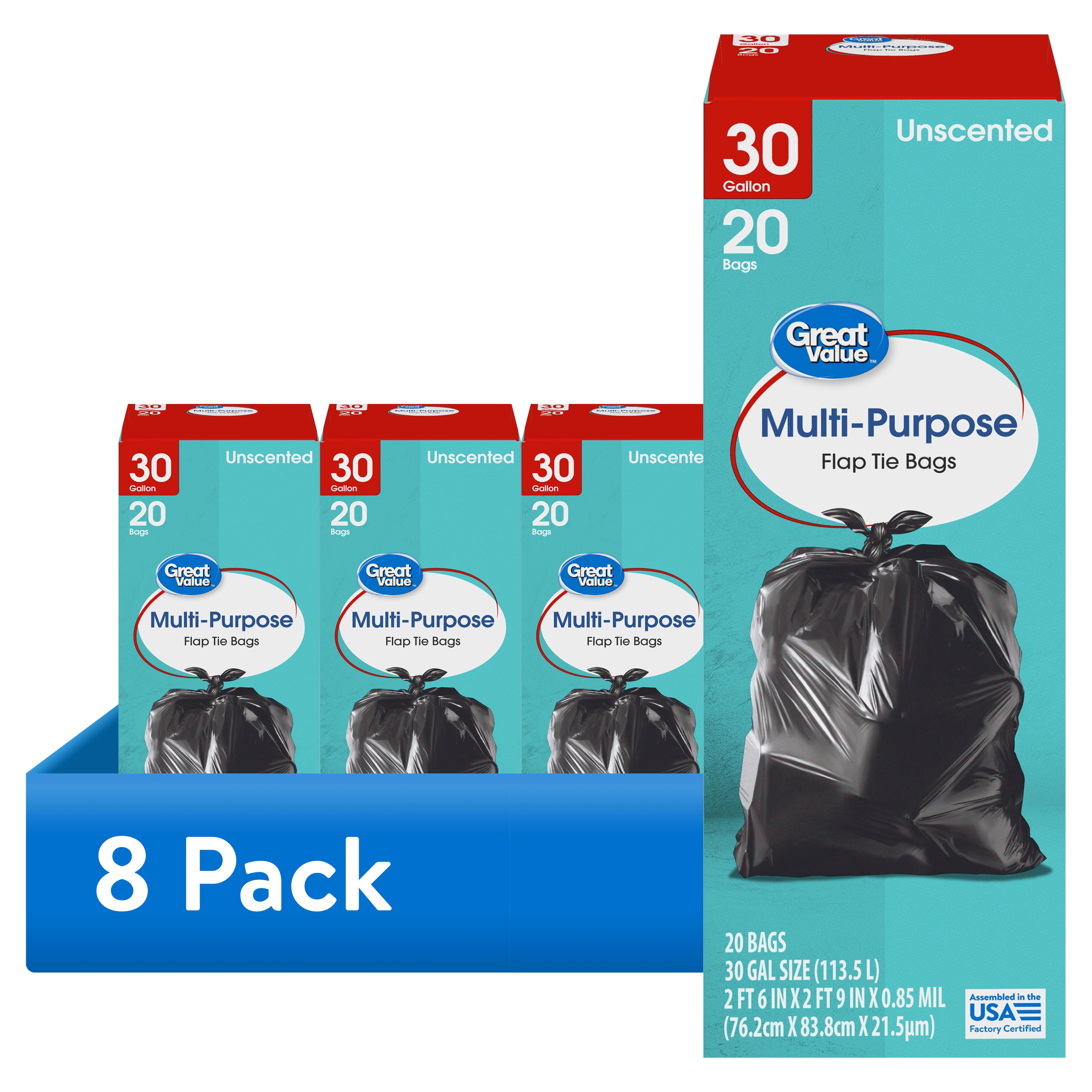 (8 pack) Great Value 30-Gallon Large Flap Tie Trash Bags, 20 Bags