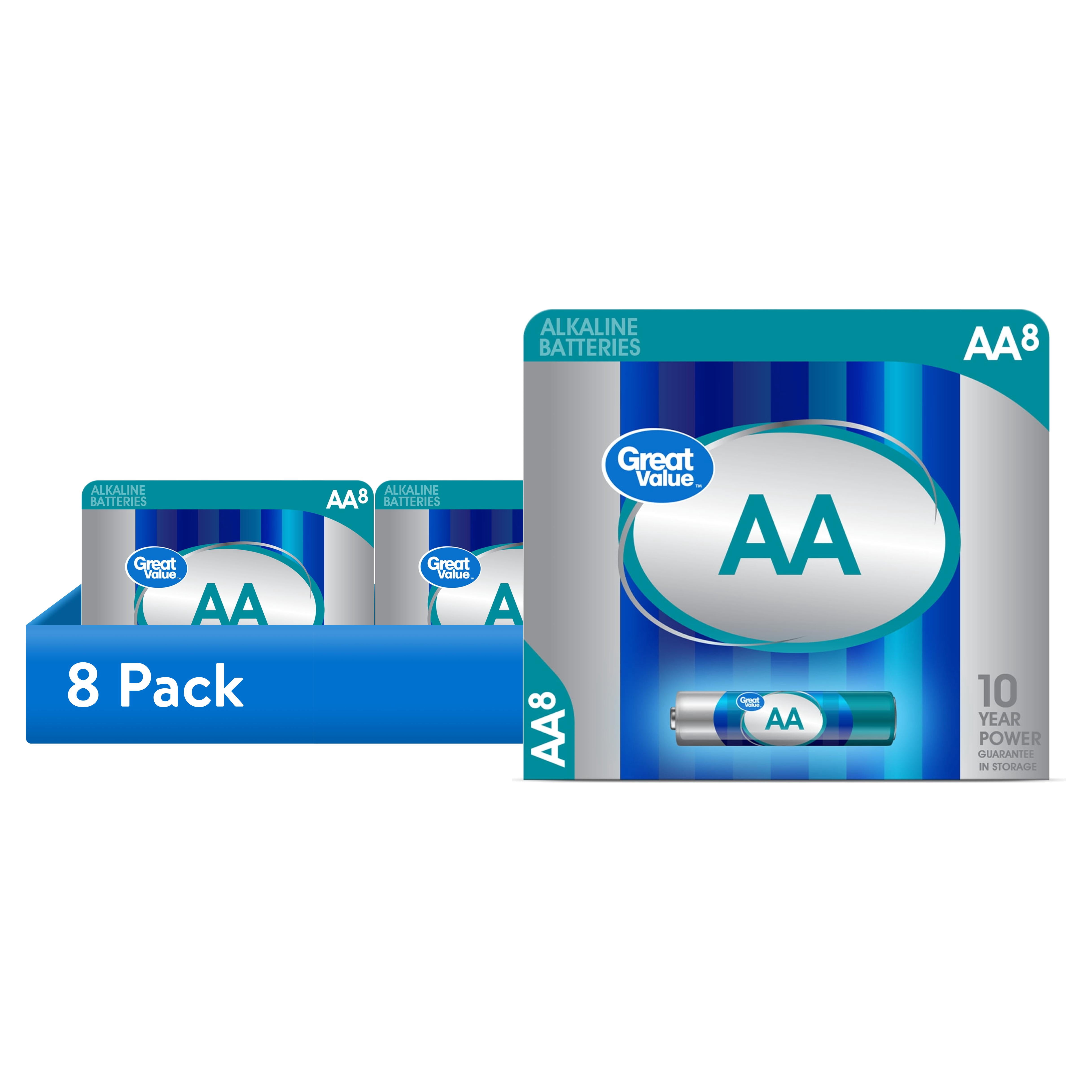 (8 pack) Great Value Alkaline AA Batteries, 8 Count (Plastic Free Packaging)