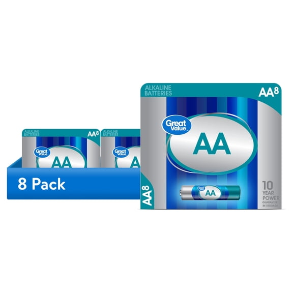 (8 pack) Great Value Alkaline AA Batteries, 8 Count (Plastic Free Packaging)