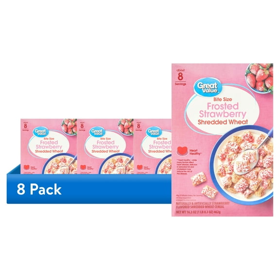 (8 pack) Great Value Bite Size Frosted Strawberry Shredded Wheat Breakfast Cereal, 16.3 oz