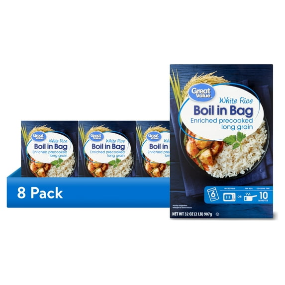 (8 pack) Great Value Boil in Bag White Rice, 32 oz, (2lb) 6 Count
