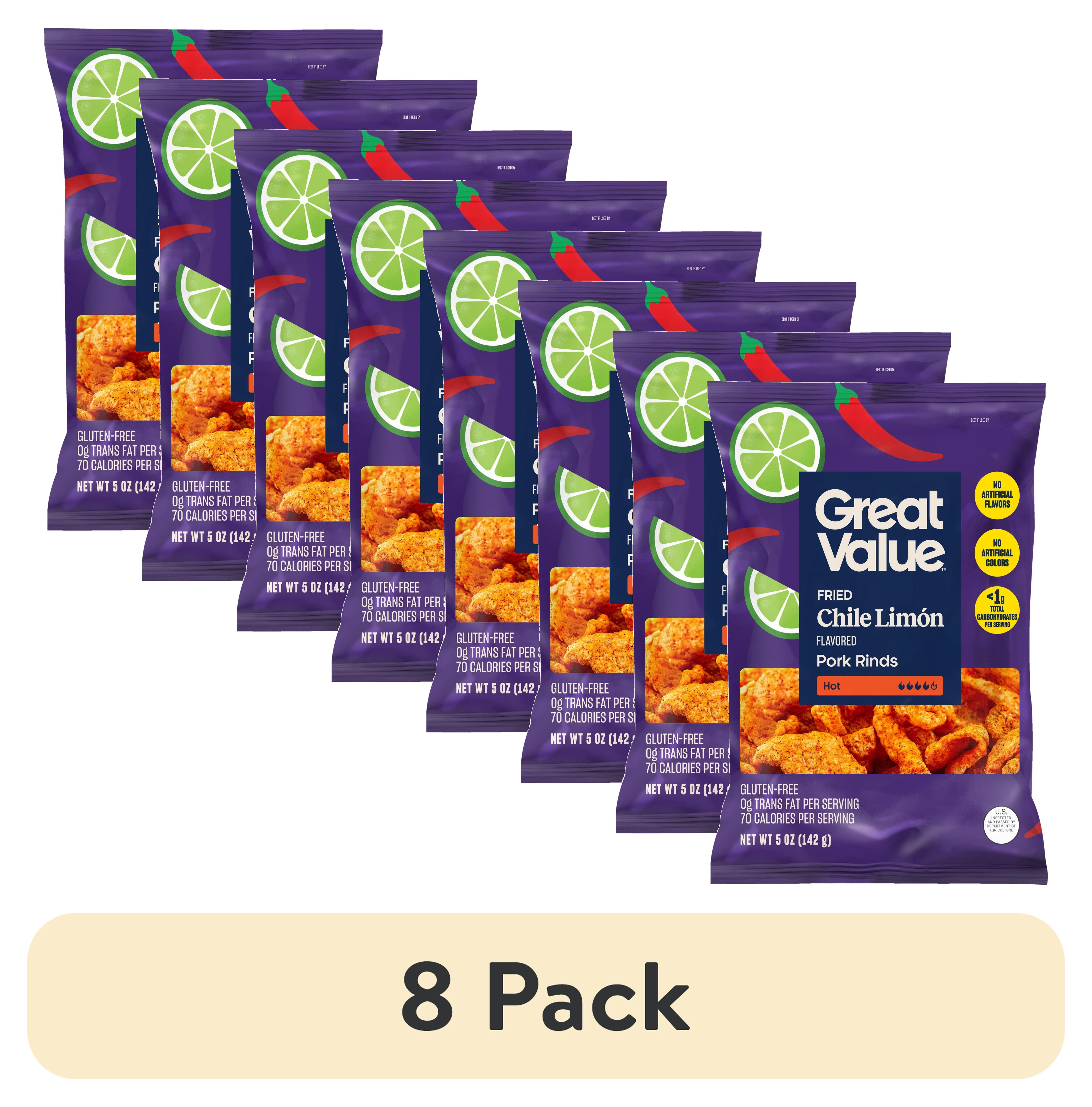 (8 pack) Great Value Chili Limon Flavored Chicharrónes Fried Pork Rinds, 5 oz Bag