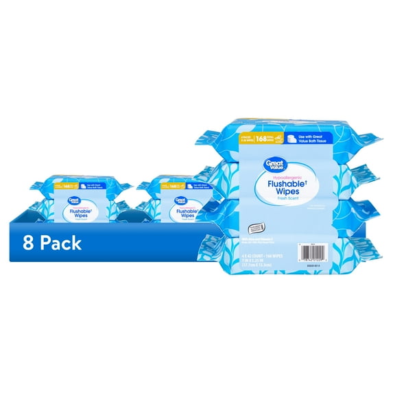 (8 pack) Great Value Flushable Wet Wipes, Fresh Scent, 4 Packs of 42 Wipes, 168 Total Wipes