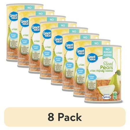 (8 pack) Great Value No Sugar Added Canned Sliced Pears, 14.5 oz