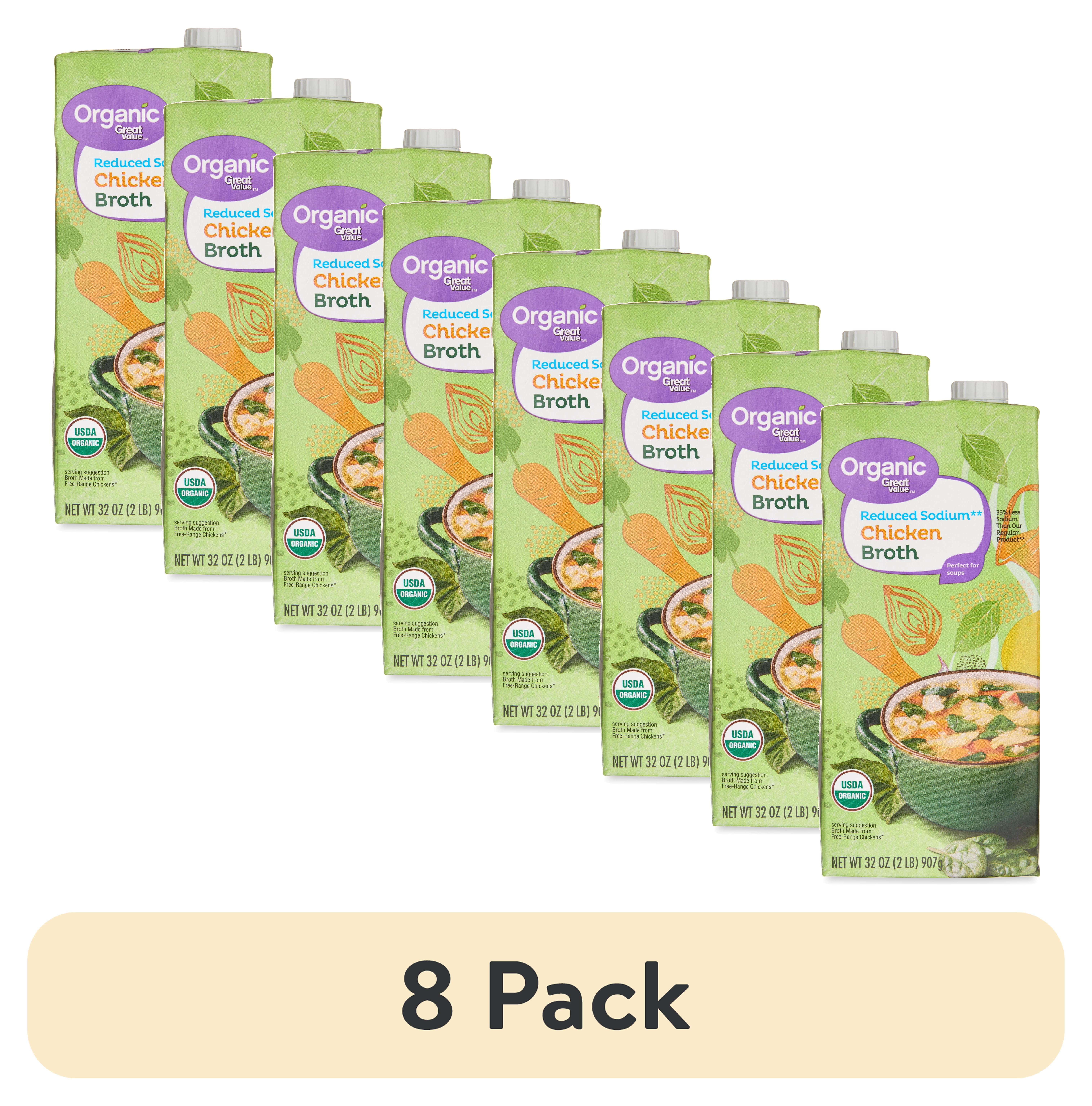 (8 pack) Great Value Organic Reduced Sodium Gluten-Free Chicken Broth, 32 oz Carton (Shelf-Stable)