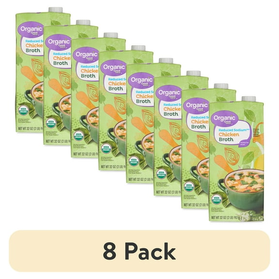 (8 pack) Great Value Organic Reduced Sodium Chicken Broth, 32 oz Carton, Shelf-Stable/Ambient, Gluten-Free