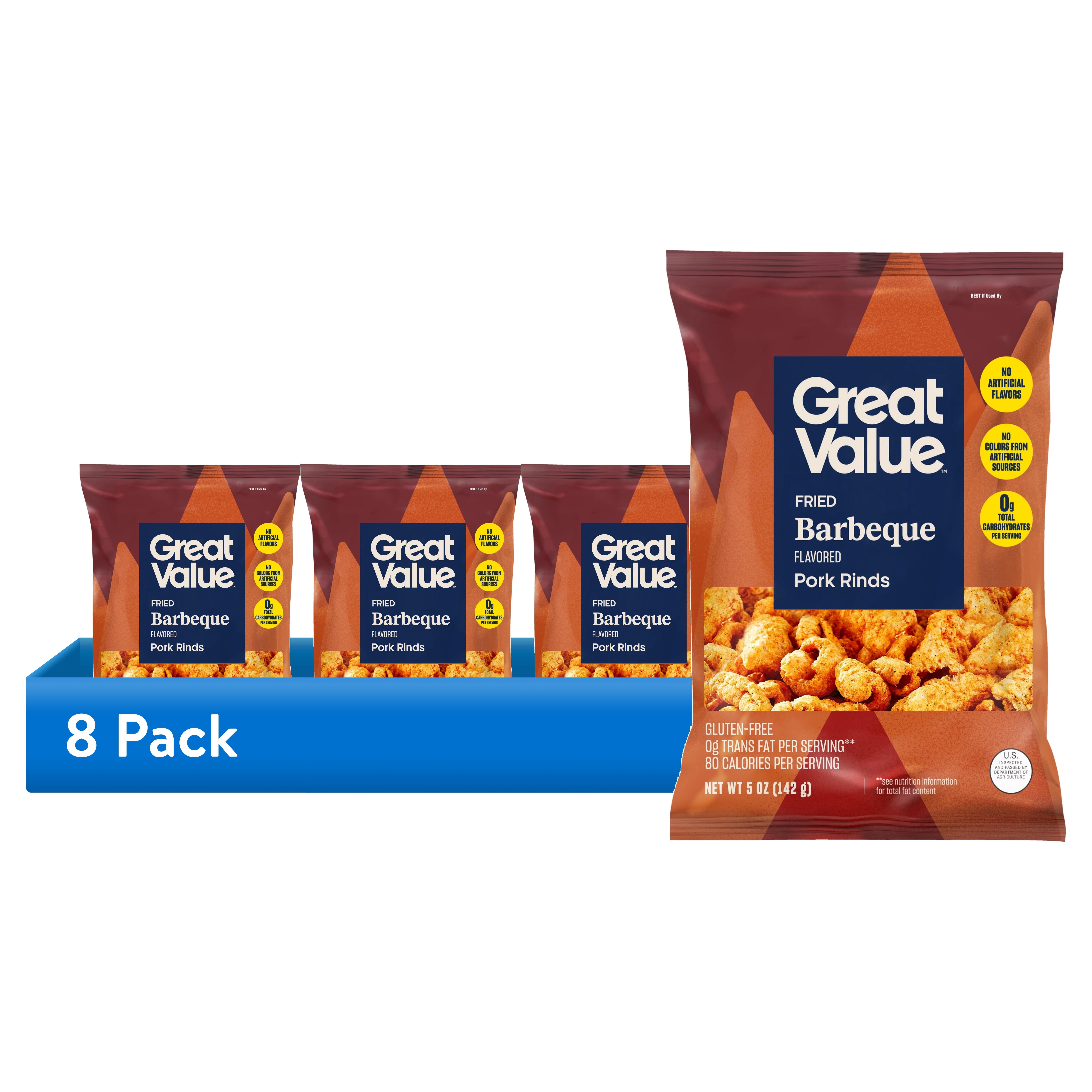 (8 pack) Great Value BBQ Flavored Chicharrónes Fried Pork Rinds, 5 oz Bag