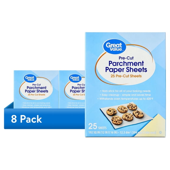 (8 pack) Great Value Pre-Cut Parchment Paper Sheets, 12 x 16 inches, 25 Count