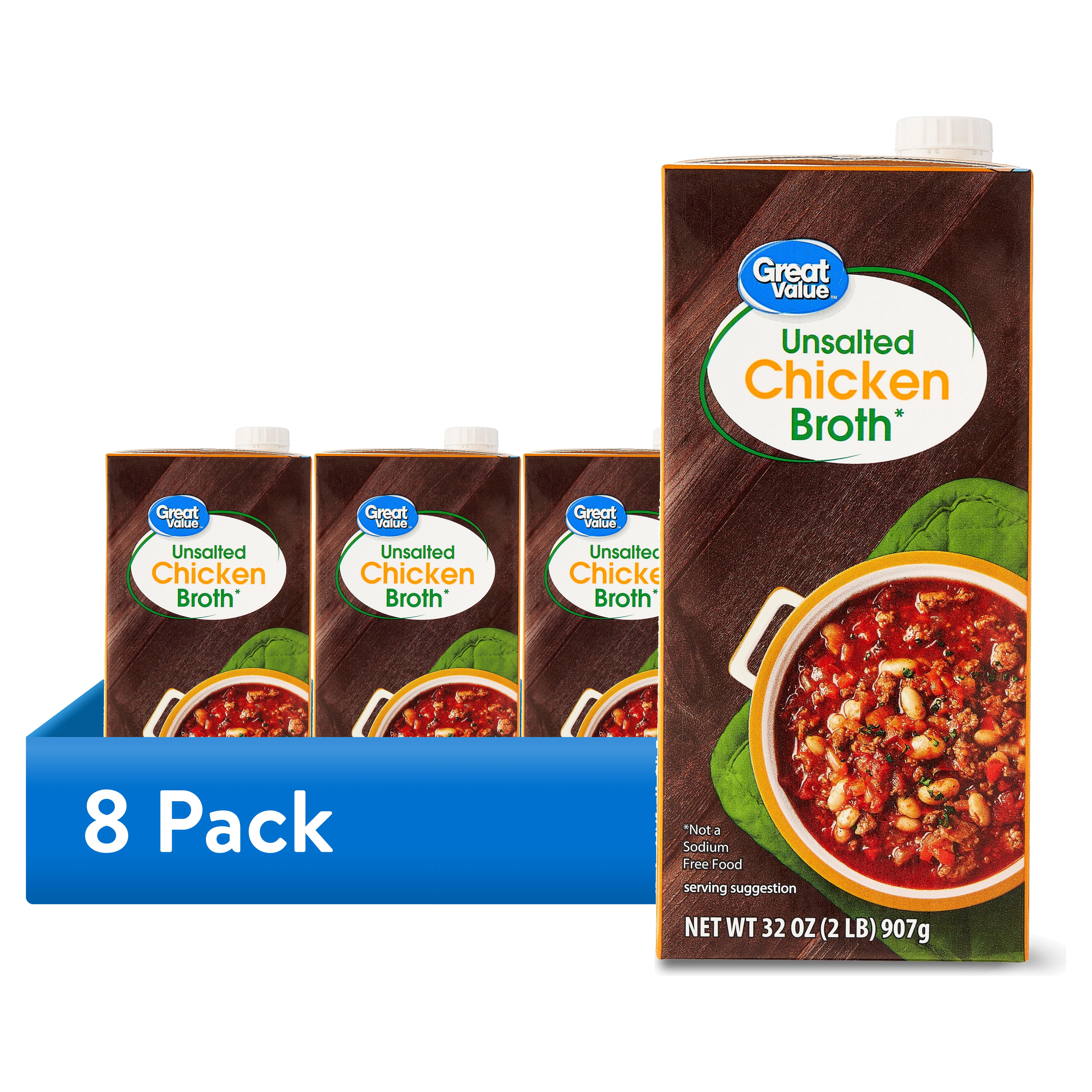 (8 pack) Great Value Reduced Sodium Gluten-Free Chicken Broth, 32 oz Carton (Shelf-Stable)