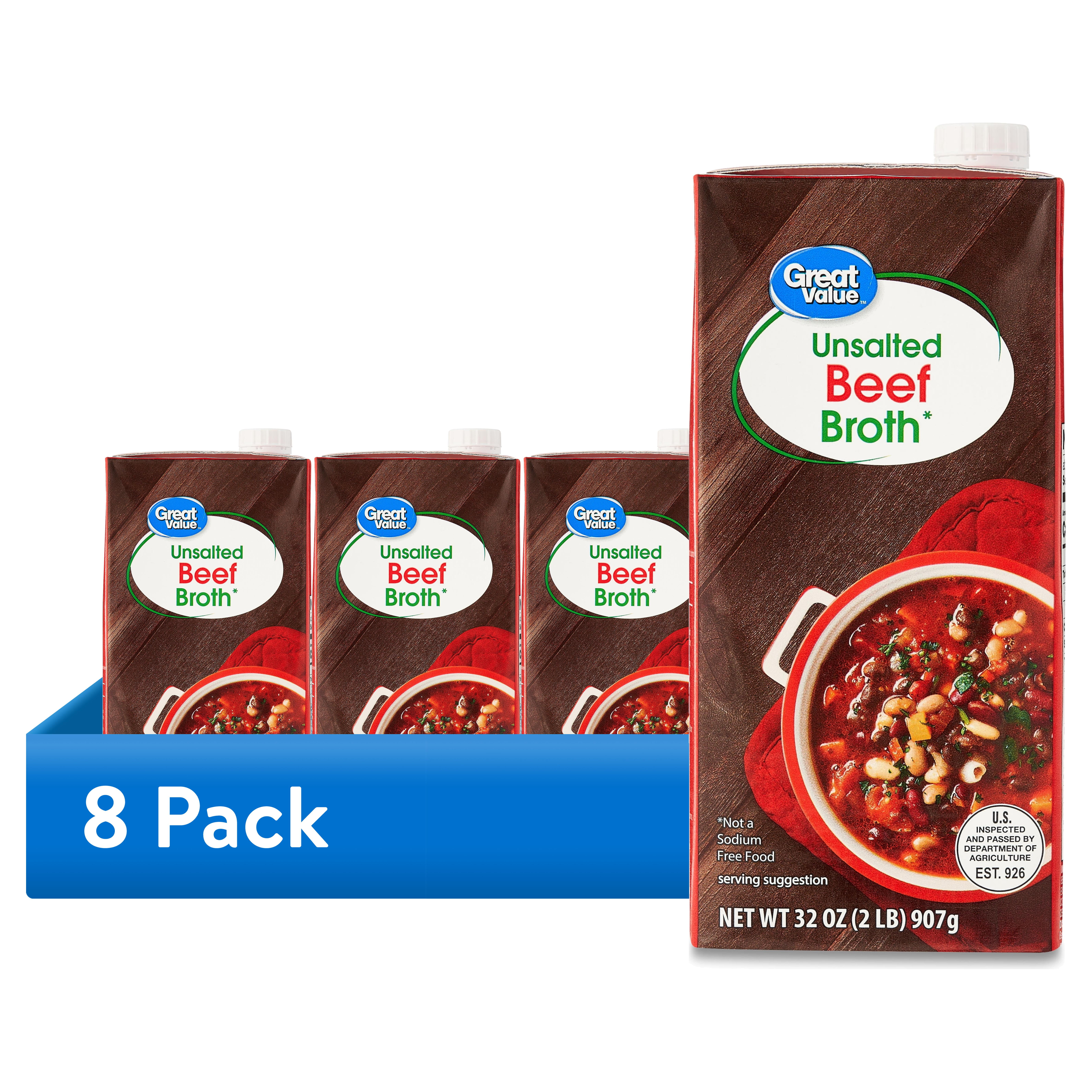 (8 pack) Great Value Unsalted Gluten-Free Beef Broth, 32 oz Carton (Shelf Stable)