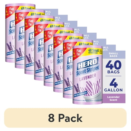 (8 pack) Hero Scent Stripes 4-Gallon, Lavender Scented, Small Flap Tie Trash Bags, 40 Count