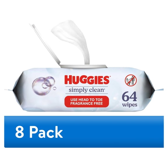 (8 pack) Huggies Simply Clean Unscented Wipes, 1 Flip-Top Pack, 64 Total Count (Select for More)