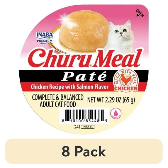 (8 pack) INABA Churu Meal Paté Adult Wet Cat Food, 2.29 oz cup, Chicken Recipe with Salmon Flavor