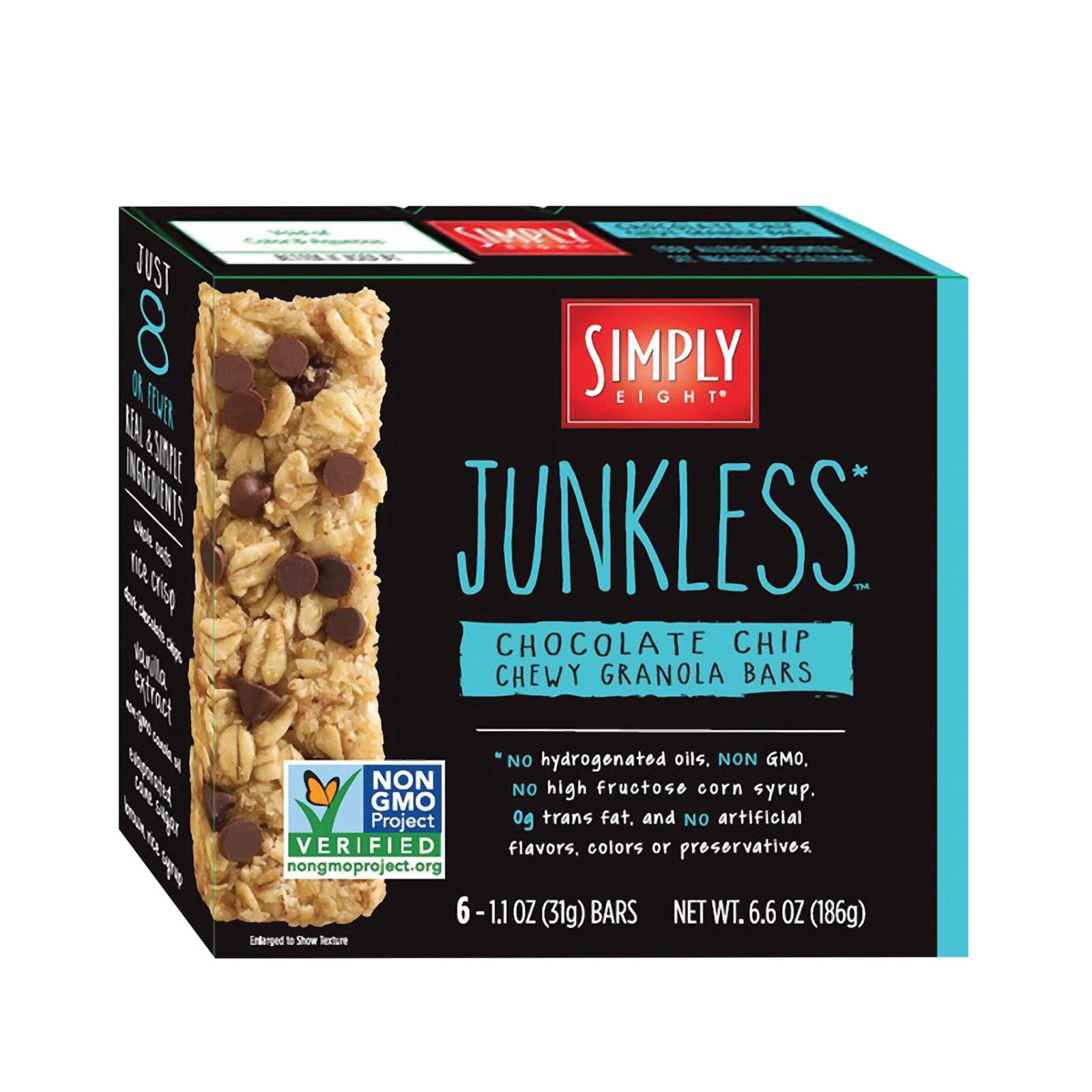 (8 pack) JUNKLESS Chewy Granola Bars, Chocolate Chip, Less Sugar, Gluten Free, Non-GMO, 1.1 oz, 6 Count