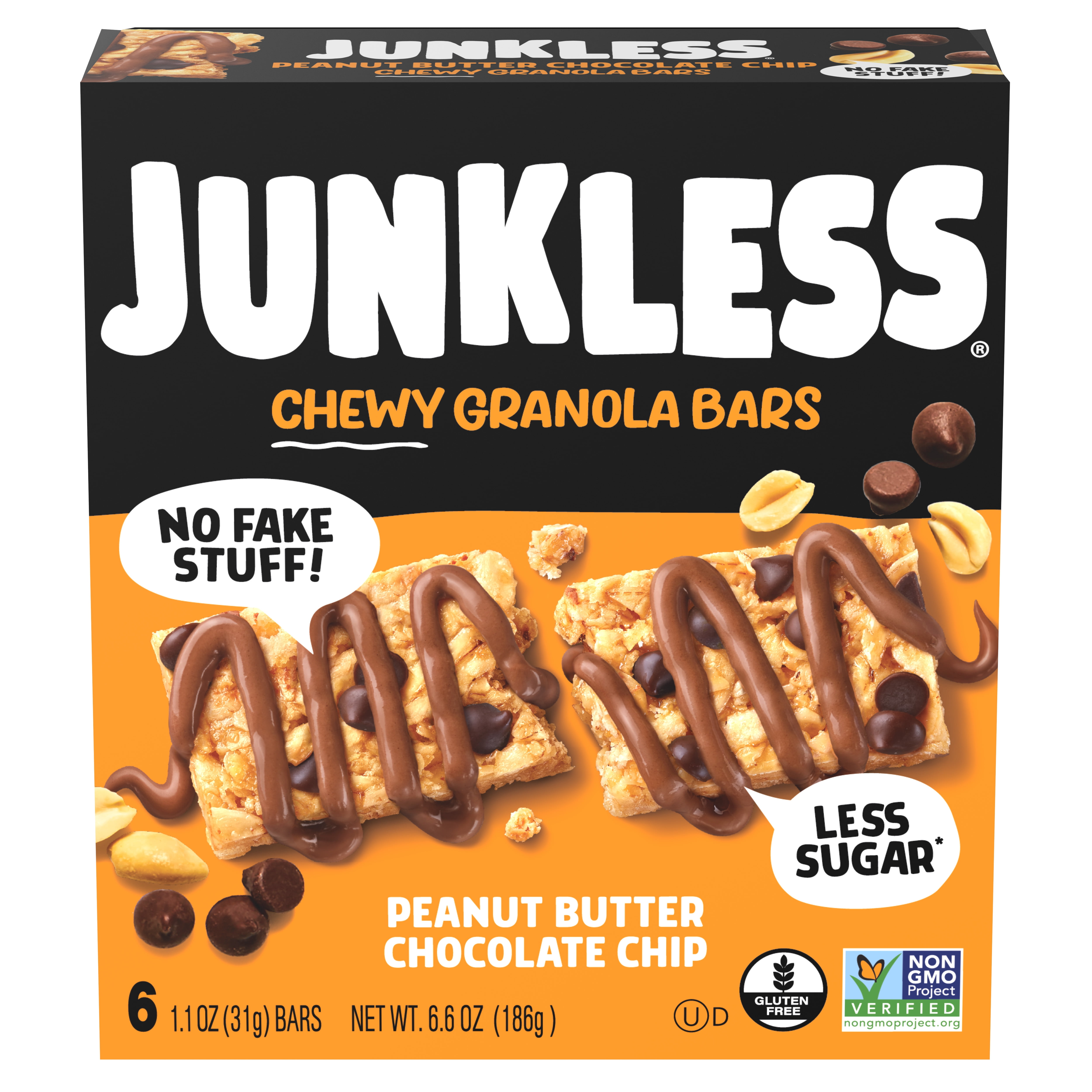 (8 pack) JUNKLESS Chewy Granola Bars, Peanut Butter Chocolate Chip, Less Sugar, Gluten Free, Non-GMO, 1.1 oz, 6 Count