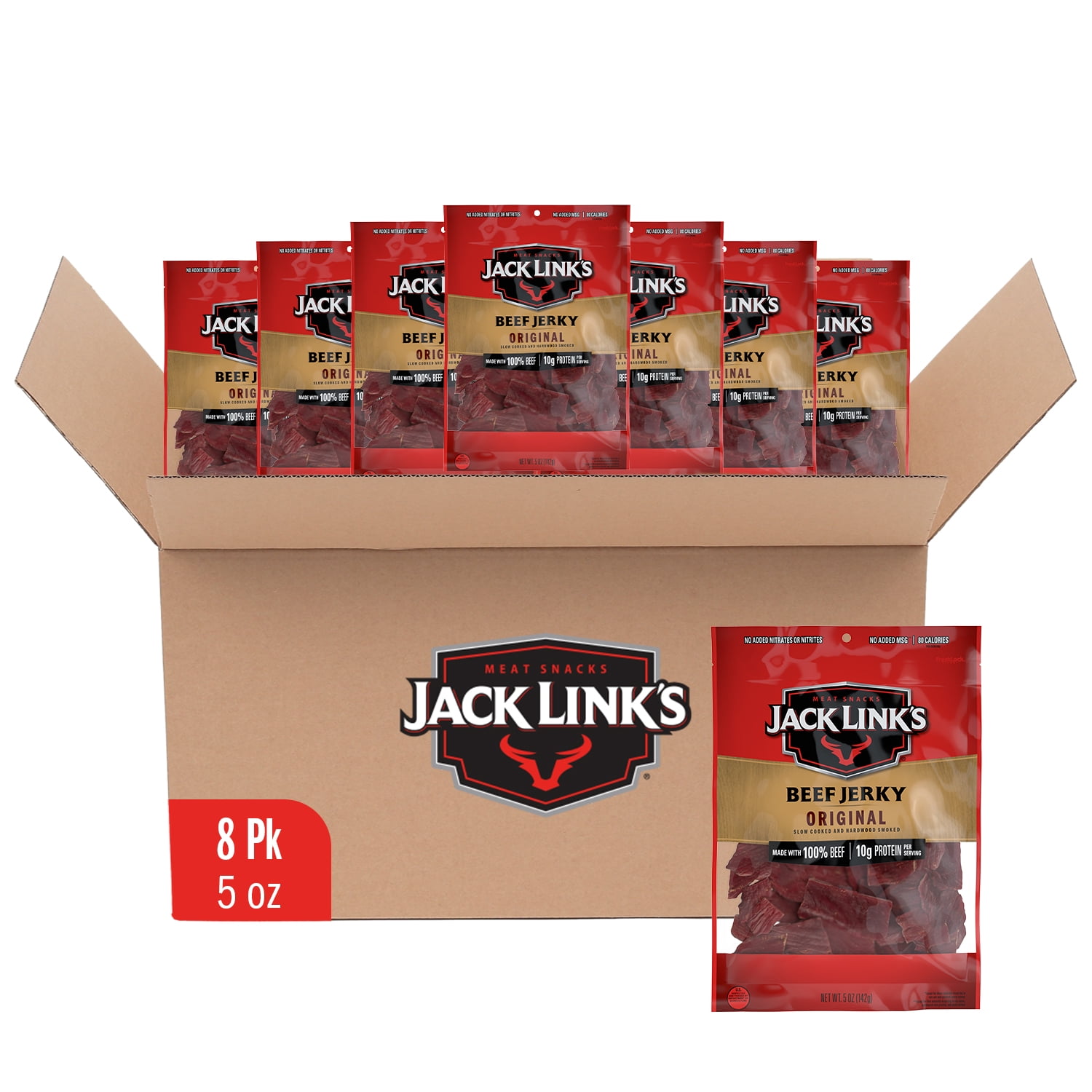 (8 pack) Jack Link’s Beef Jerky, Original, Made with 100% Beef, 10g of Protein per Serving, 5 oz, Resealable Bag
