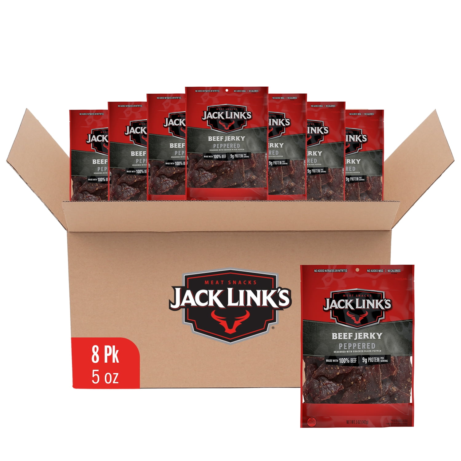(8 pack) Jack Link’s Beef Jerky, Peppered, Made with 100% Beef, 9g of Protein per Serving, 5 Ounce, Resealable Bag