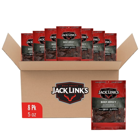 (8 pack) Jack Links Beef Jerky, Peppered, Made with 100% Beef, 9g of Protein per Serving, 5 Ounce, Resealable Bag