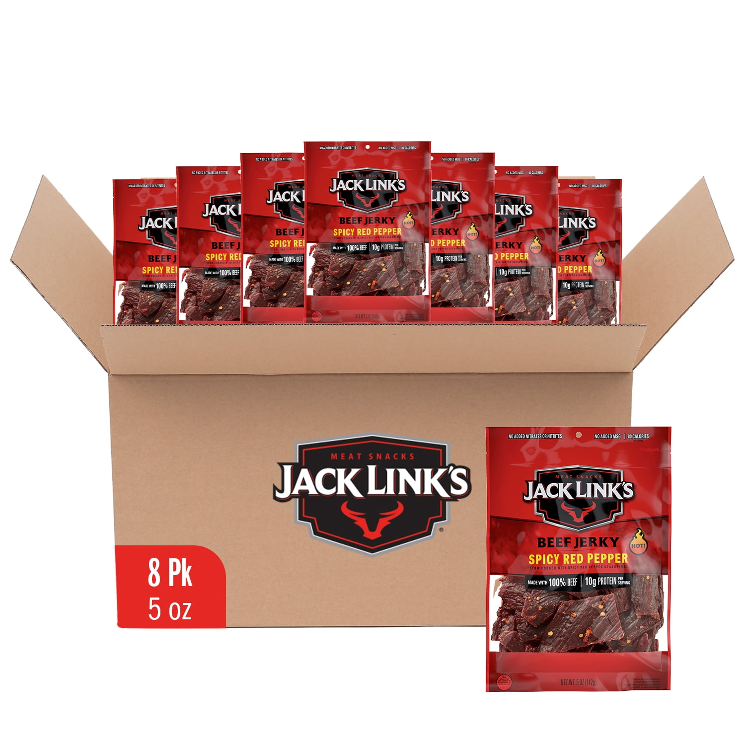 (8 pack) Jack Link’s Beef Jerky, Spicy Red Pepper, Made with 100% Beef, 10g of Protein per Serving, 5 Ounce, Resealable Bag