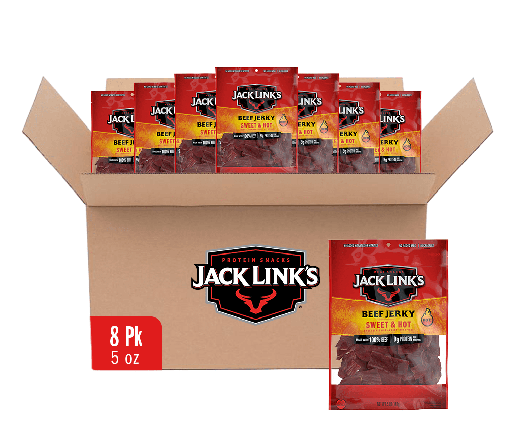 (8 pack) Jack Link’s Beef Jerky, Sweet & Hot, Made with 100% Beef, 9g of Protein per Serving, 5 oz, Resealable Bag