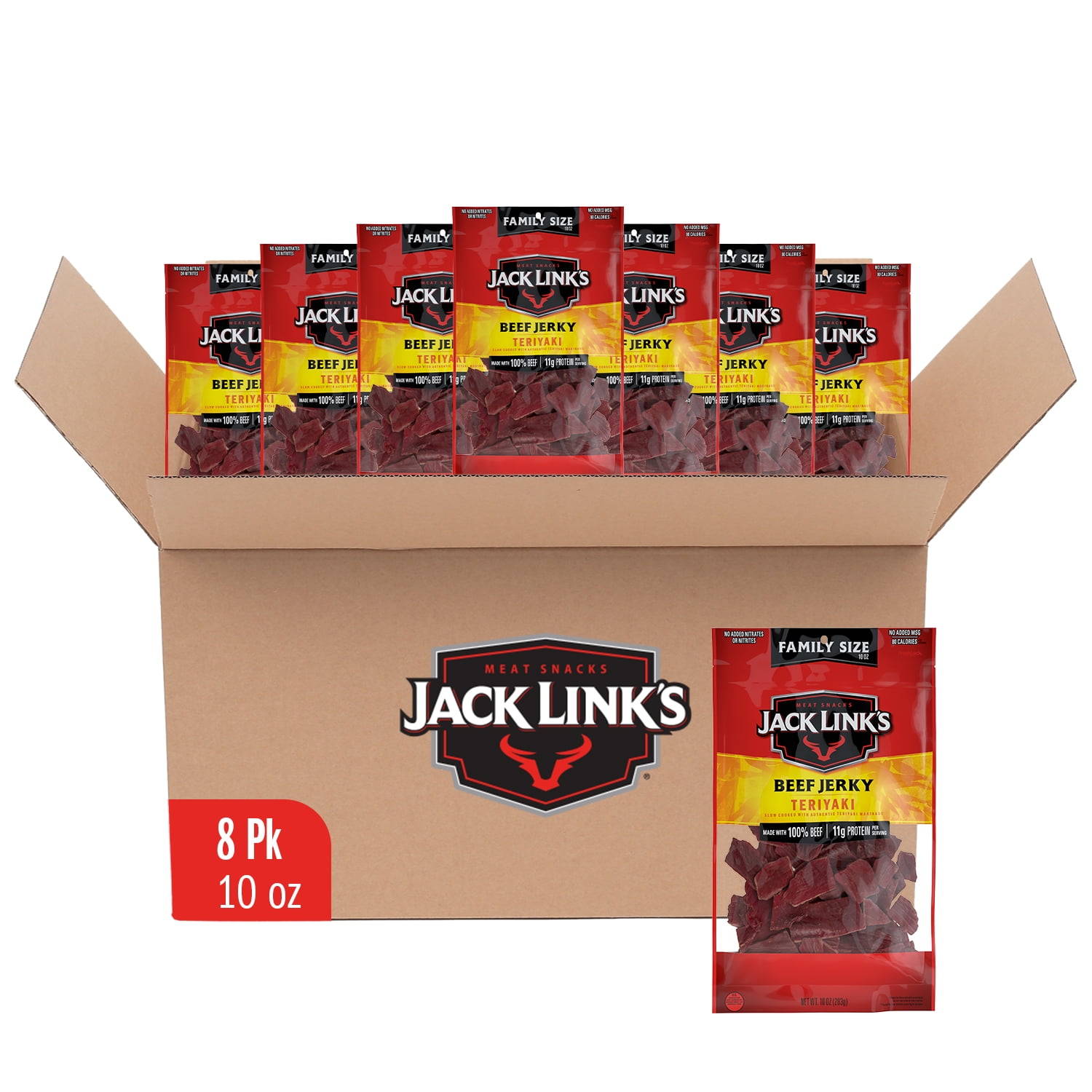 (8 pack) Jack Links Beef Jerky, Teriyaki, 100% Beef, 11g of Protein per Serving, 10Ounce Bag