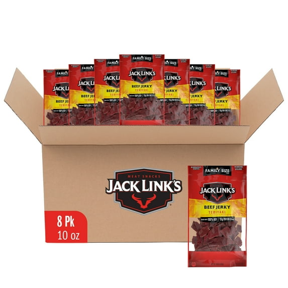 (8 pack) Jack Link’s Beef Jerky, Teriyaki, 100% Beef, 11g of Protein per Serving, 10 Ounce Bag