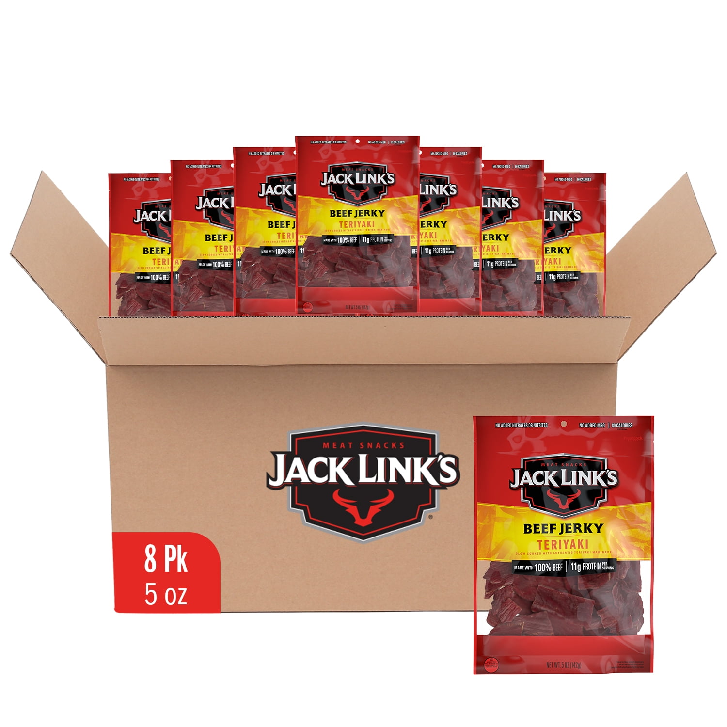 (8 pack) Jack Link’s Beef Jerky, Teriyaki, Made with 100% Beef, 11g of Protein per Serving, 5 Ounce, Resealable Bag