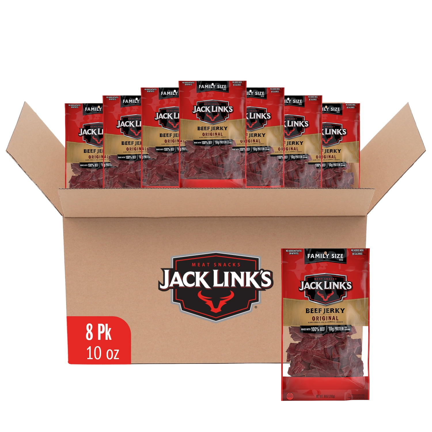 (8 pack) Jack Link’s Beef Jerky, Made with 100% Beef, Original Flavor, 10g of Protein per Serving, 10 Ounce Bag