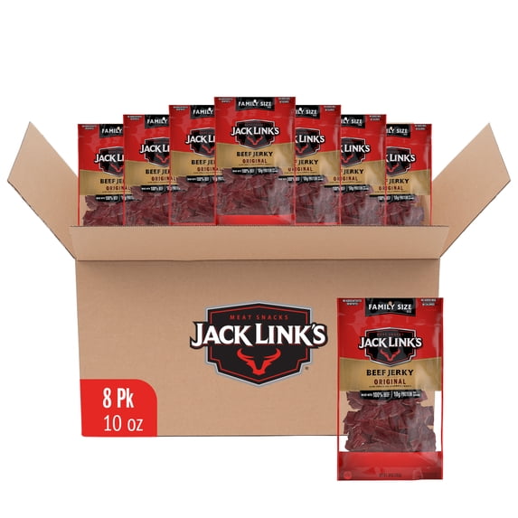 (8 pack) Jack Link’s Beef Jerky, Made with 100% Beef, Original Flavor, 10g of Protein per Serving, 10 Ounce Bag