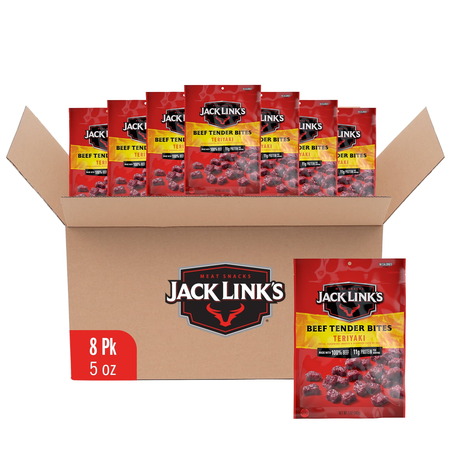 (8 pack) Jack Links Teriyaki Beef Tender Bites, Made with 100% Beef, 5 Ounce, Resealable Bag