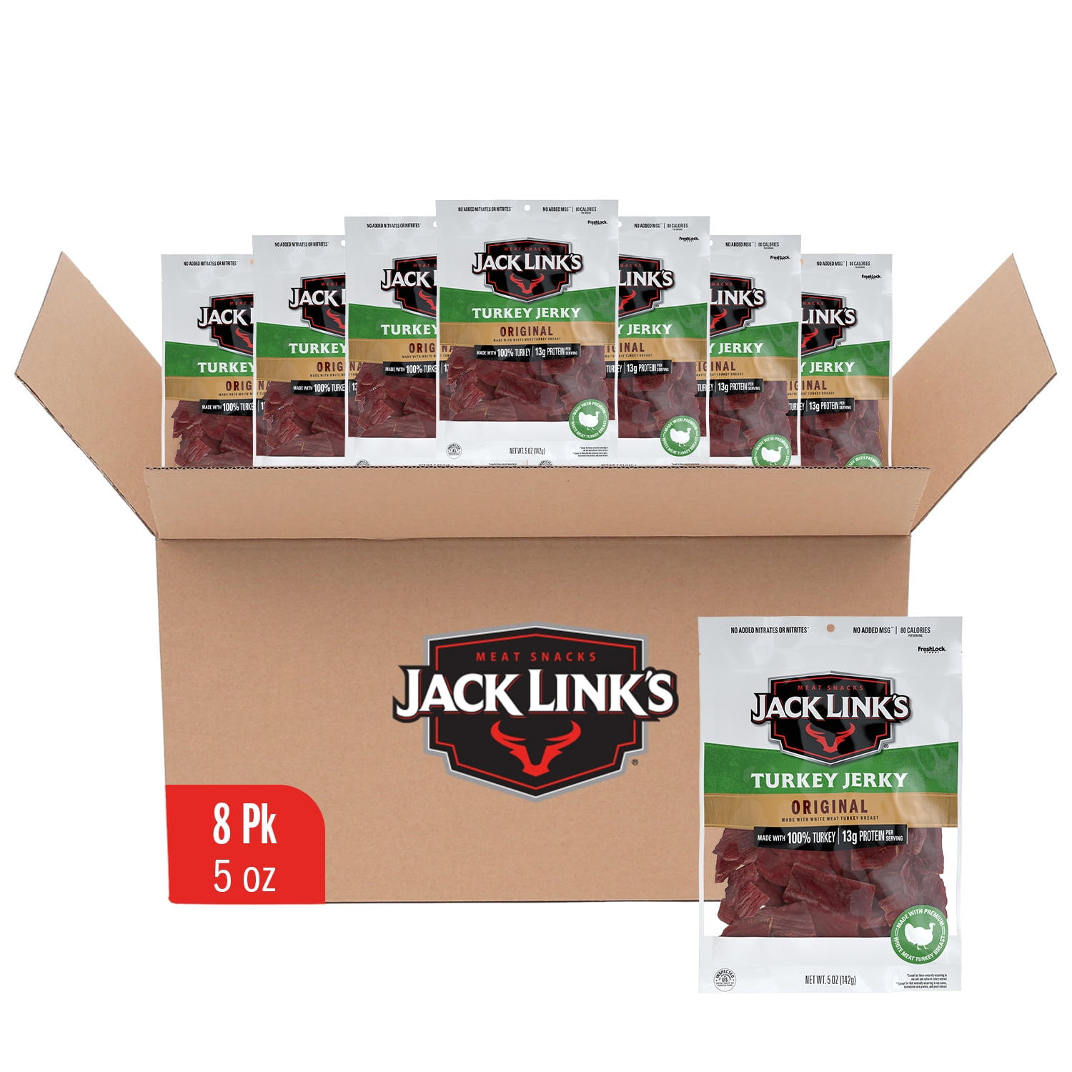 (8 pack) Jack Links Turkey Jerky, Original, Made with 100% Turkey, 13g of Protein per Serving, 5 Ounce, Resealable Bag