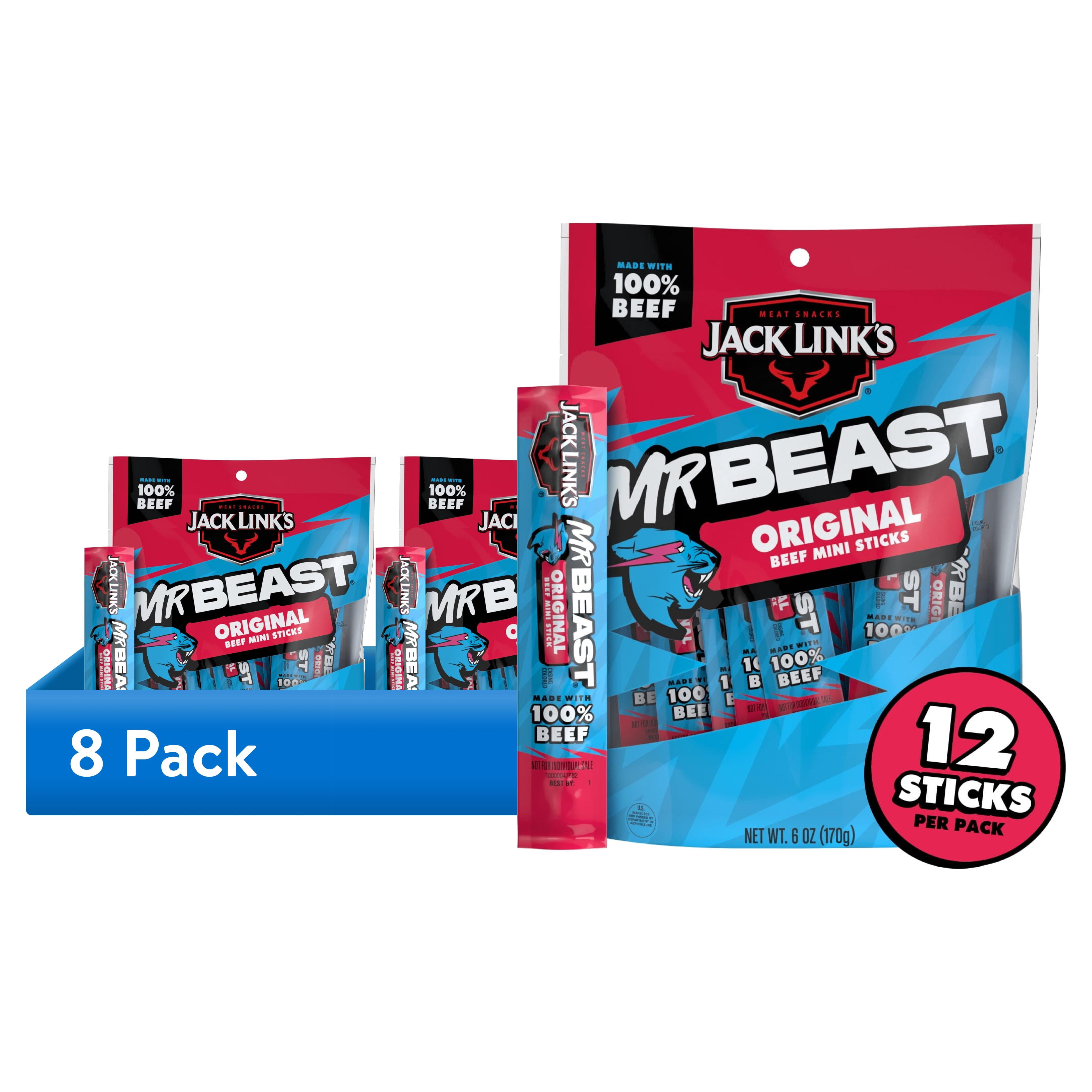 (8 pack) Jack Link’s x MrBeast Original Mini Beef Sticks, 6 Ounce bag, 12 count of .5 Ounce meat sticks