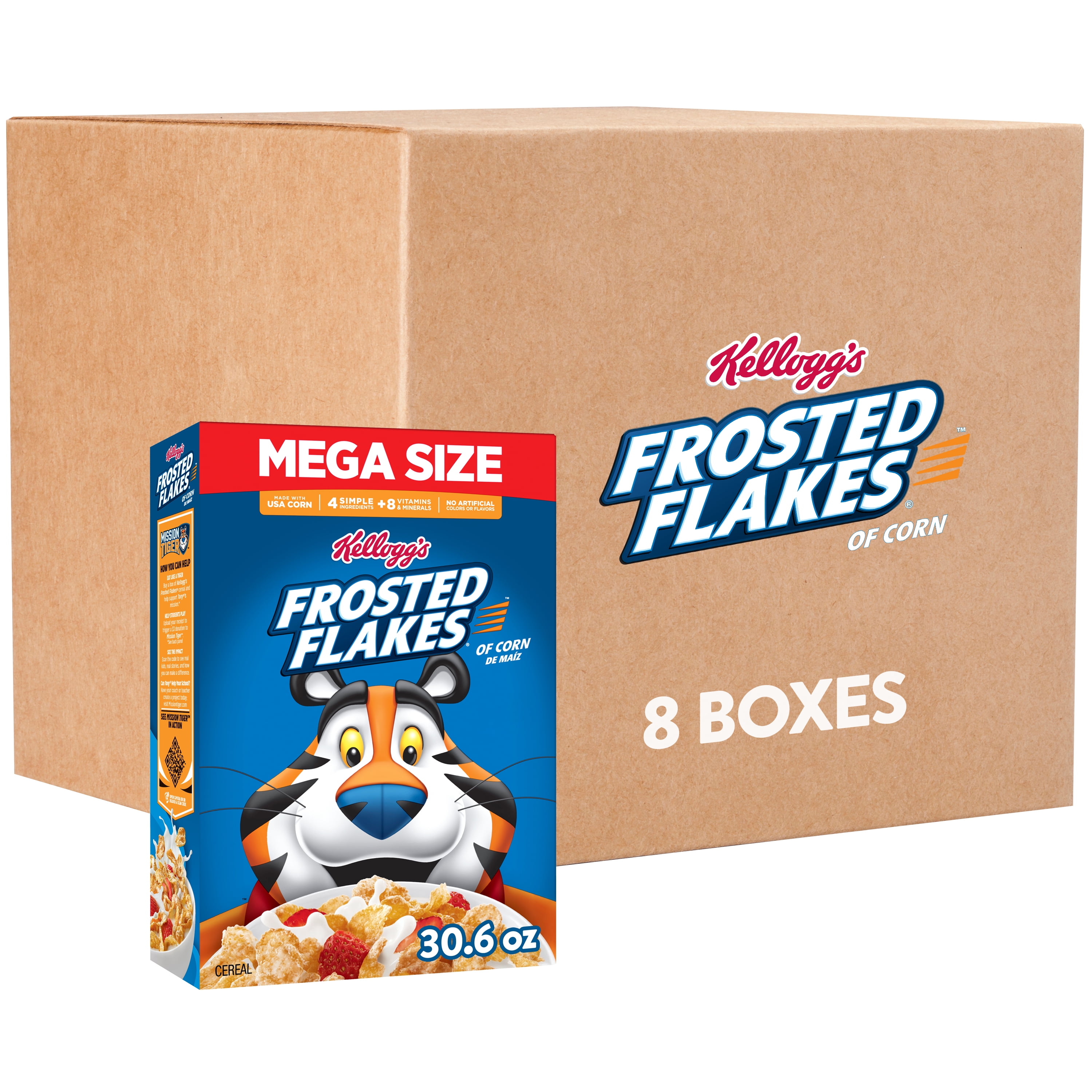 (8 pack) Kellogg's Frosted Flakes Breakfast Cereal, Fat Free, Mega Size, 30.6 oz