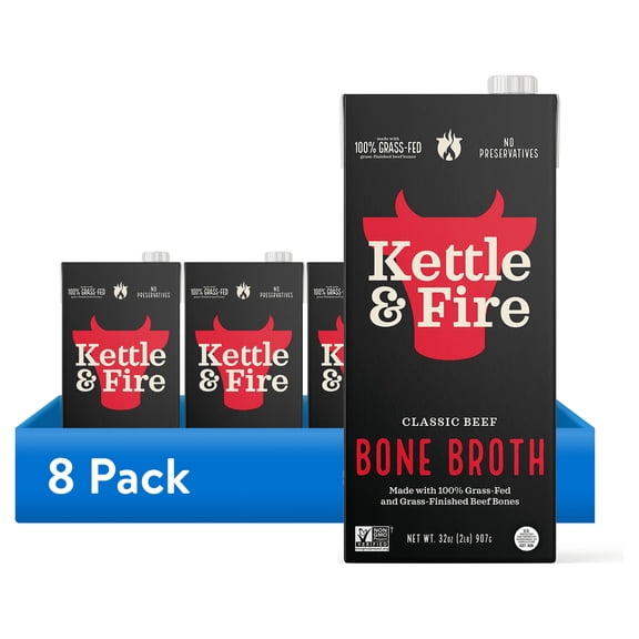 (8 pack) Kettle & Fire Classic Beef Bone Broth, Shelf-Stable, 32 oz