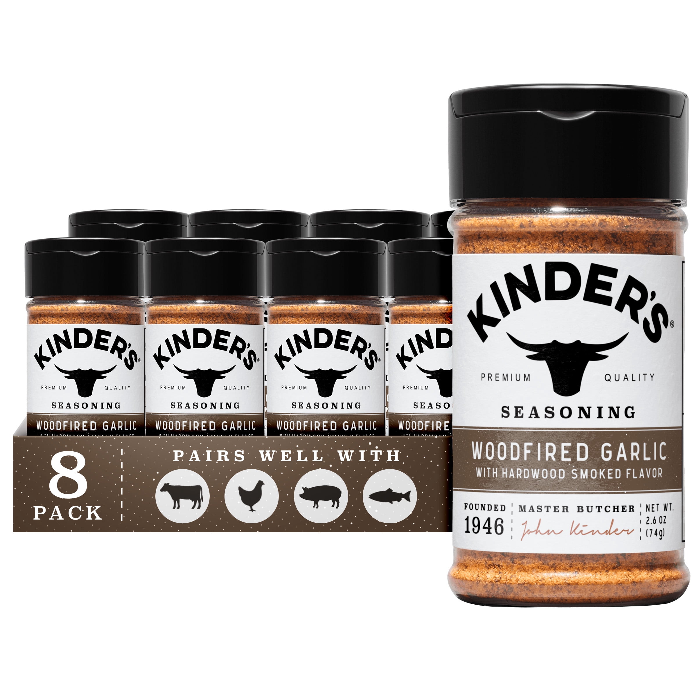 (8 pack) Kinder's Woodfired Garlic Seasoning Blend with Smoked Garlic and BBQ Spices, 2.3 oz