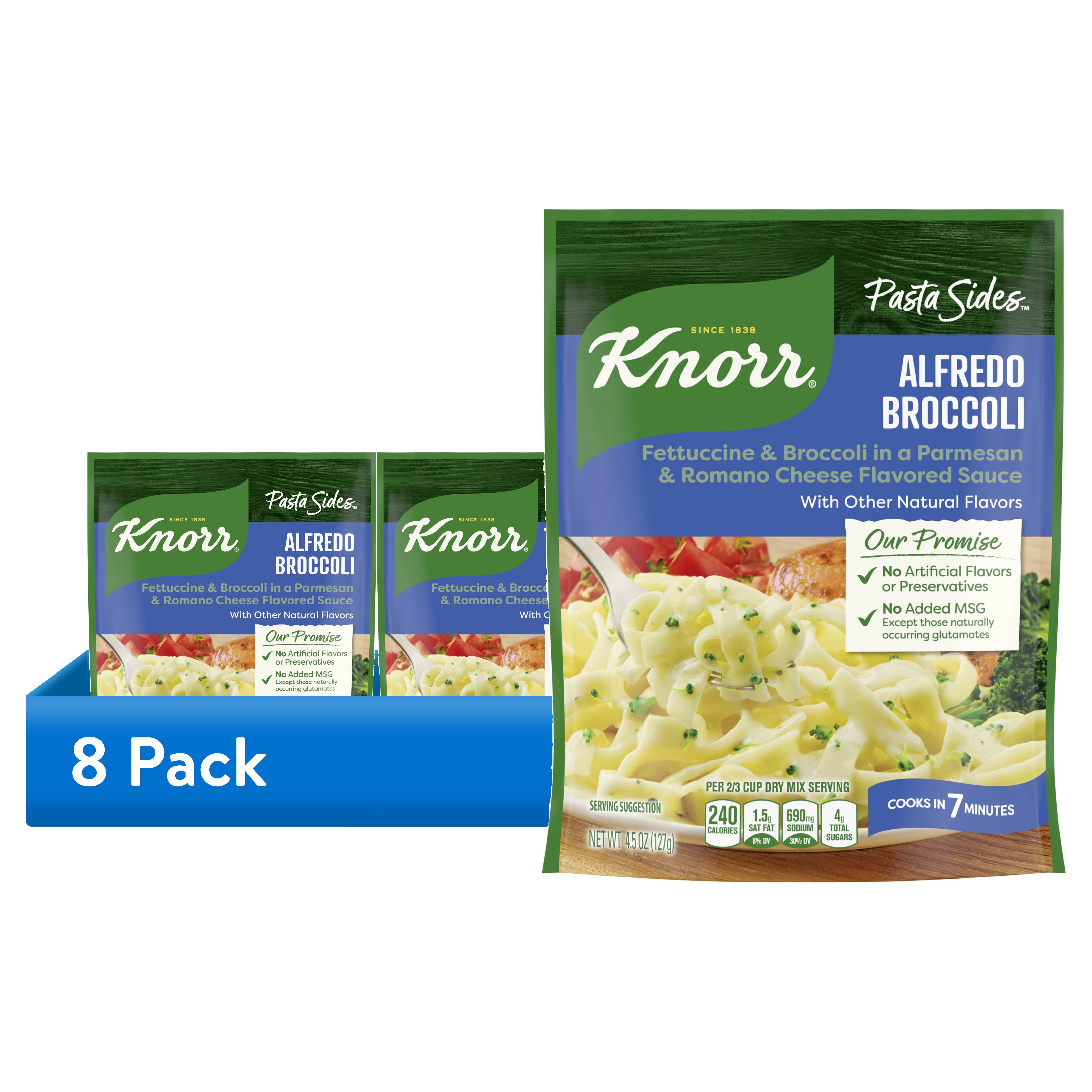 (8 pack) Knorr No Artificial Flavors Alfredo Broccoli Fettuccine Pasta Sides, 8 Minute Cook Time, 4.5 oz