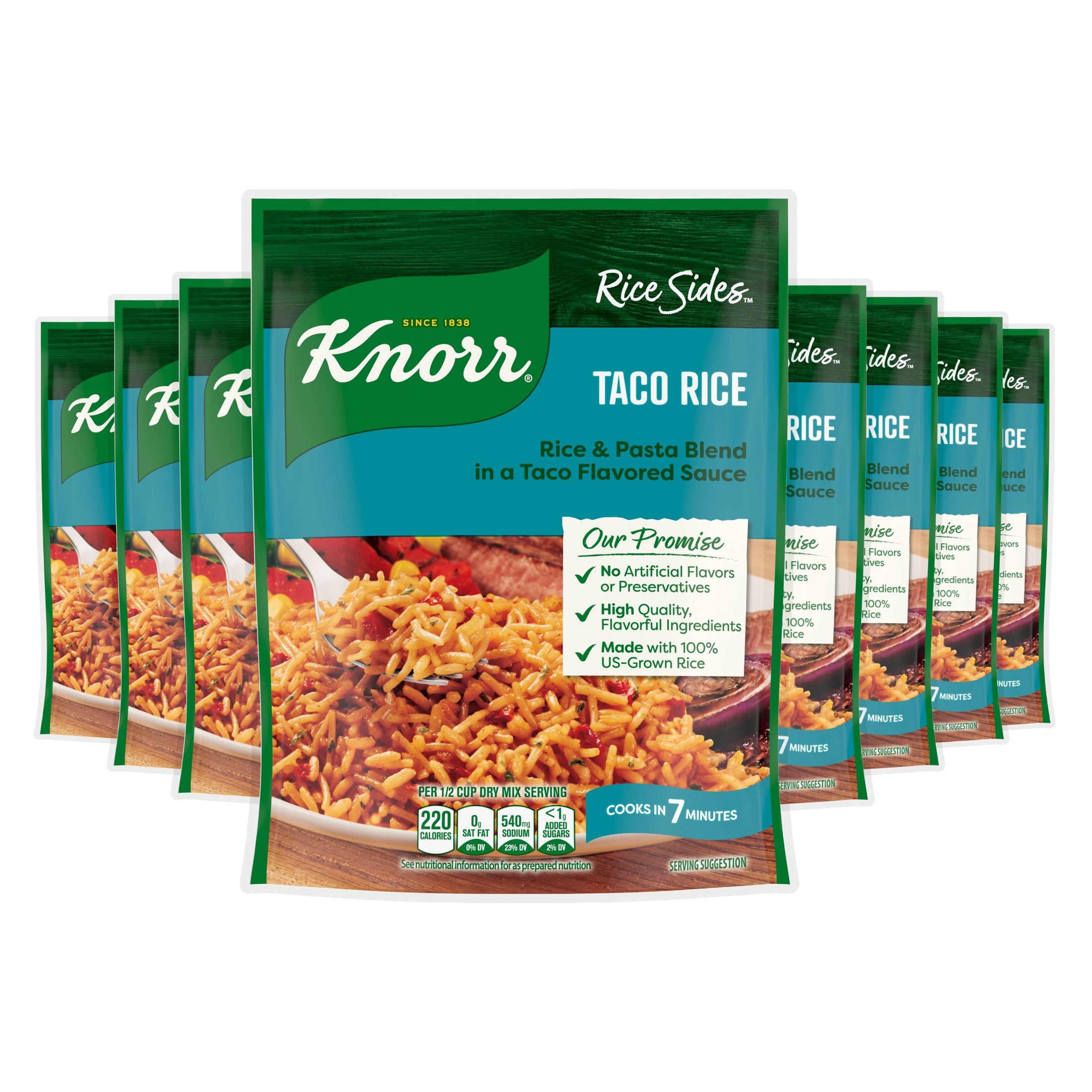 (8 pack) Knorr No Artificial Flavors Creamy Taco Rice Sides Cooks in 7 Minutes, 5.4 oz Regular Pouch