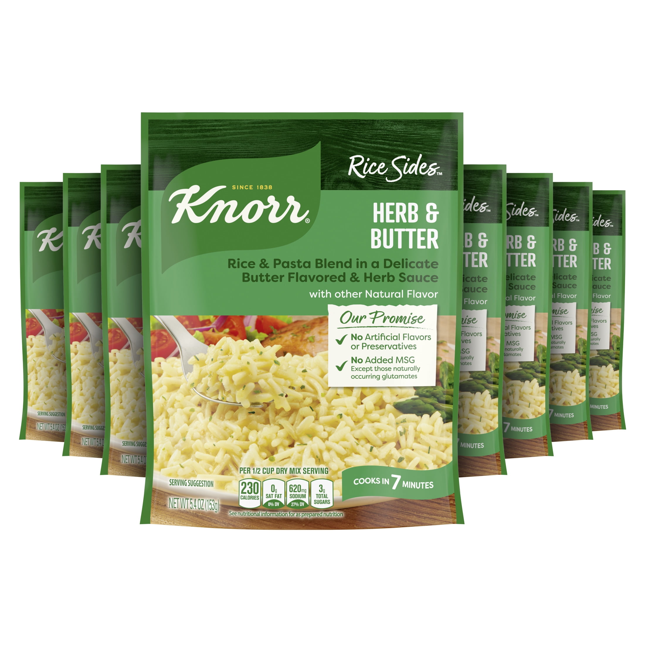 (8 pack) Knorr No Artificial Flavors Herb & Butter Parboiled Rice, 5.4 oz Regular Pouch