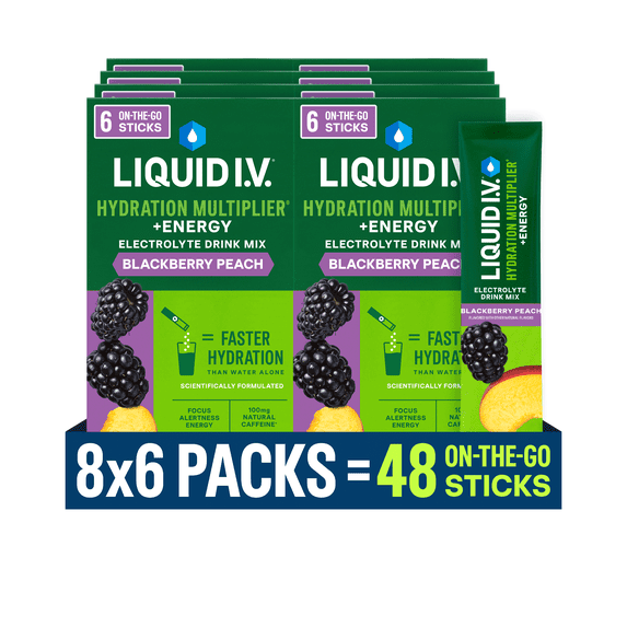(8 pack) Liquid I.V.® Hydration Multiplier® Electrolyte Blackberry Peach +Energy Powder Drink Mix, 6 Count Packets
