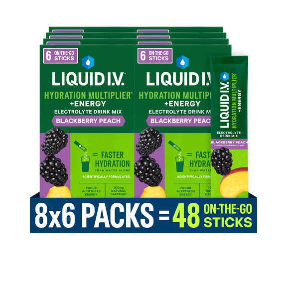 (8 pack) Liquid I.V. Blackberry Peach Hydration Multiplier +Energy Powdered Electrolyte Drink Mix, 6 Ct Packets