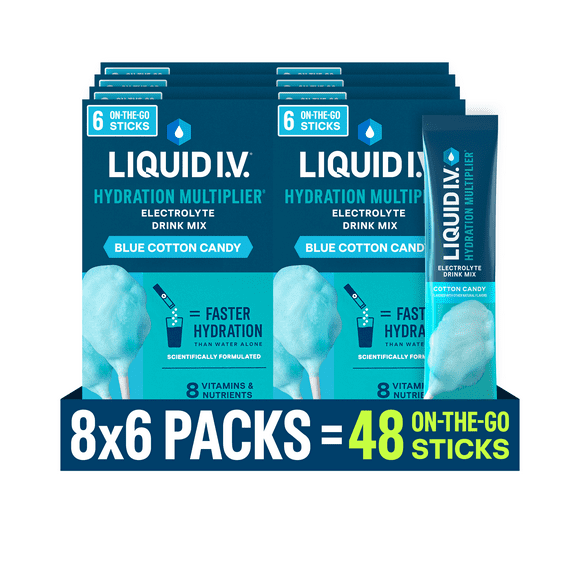 (8 pack) Liquid I.V. Cotton Candy Hydration Multiplier Powdered Electrolyte Drink Mix, 6 Count Packets