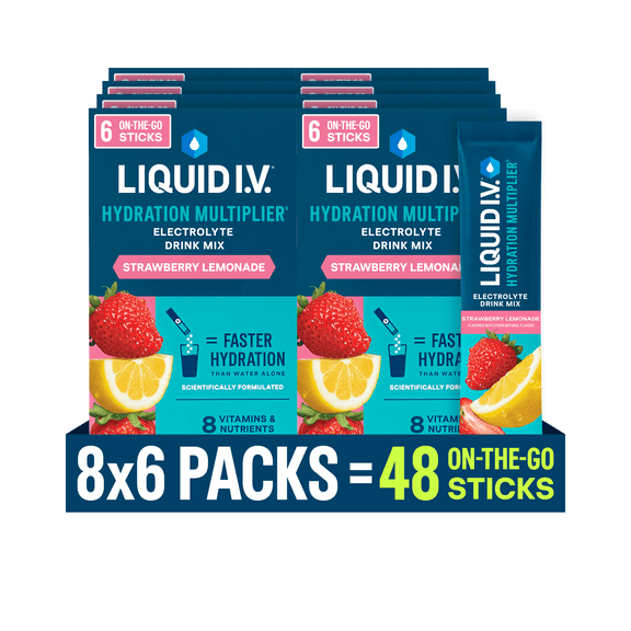 (8 pack) Liquid I.V. Strawberry Lemonade Hydration Multiplier Powdered Electrolyte Drink Mix, 6 Count Packets