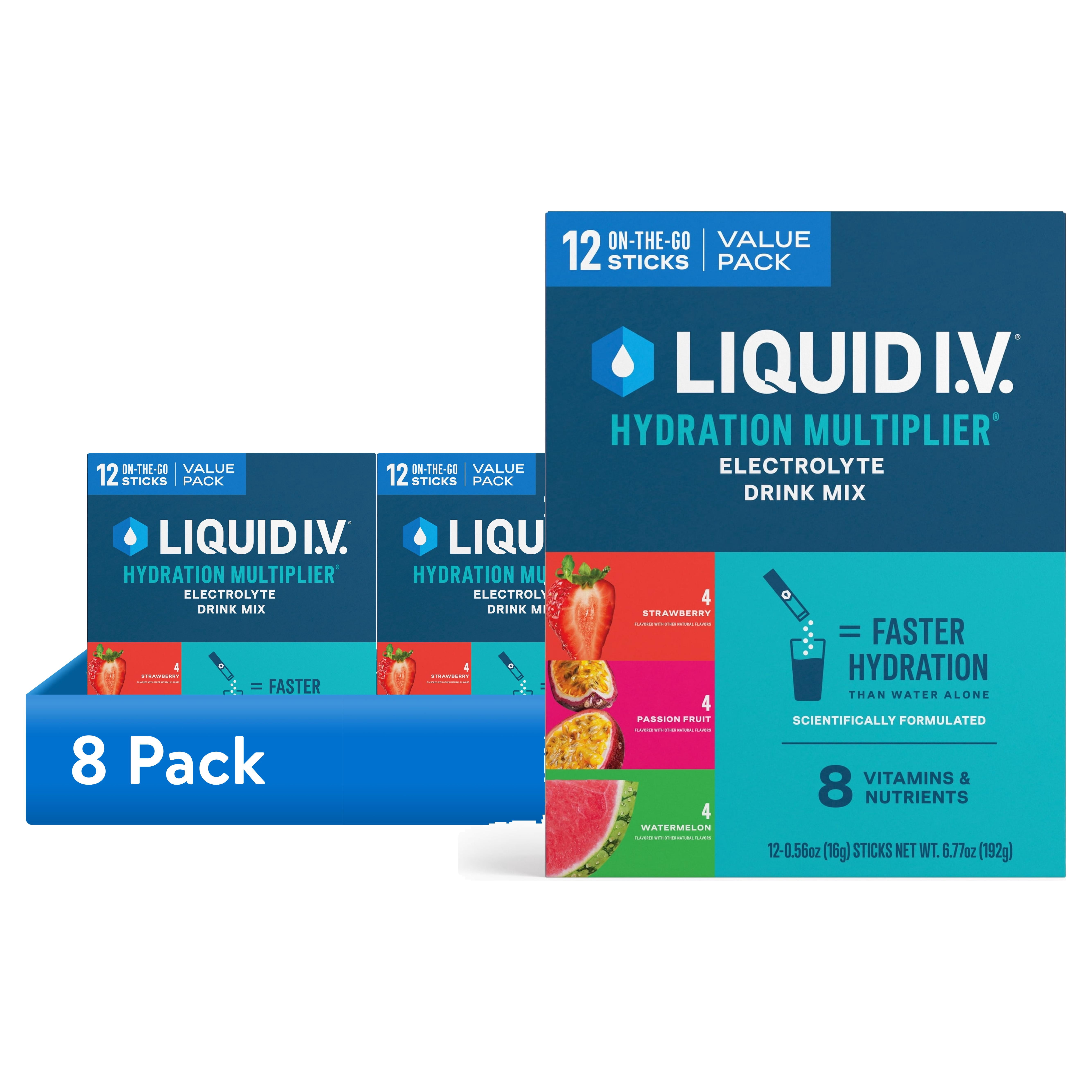 (8 pack) Liquid I.V.® Strawberry, Passion Fruit, and Watermelon Hydration Multiplier® Powdered Electrolyte Drink Mix, 12 Count Packets
