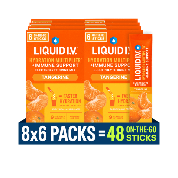 (8 pack) Liquid I.V. Tangerine Hydration Multiplier +Immune Support Powdered Electrolyte Drink Mix, 6 Ct