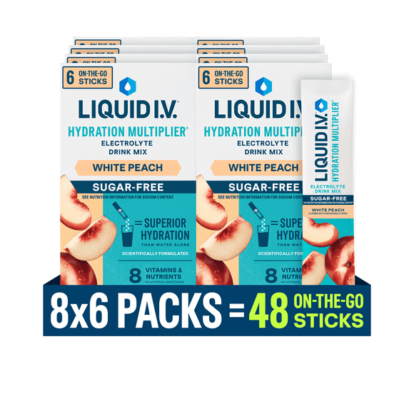 (8 pack) Liquid I.V. White Peach Sugar-Free Hydration Multiplier Powdered Electrolyte Drink Mix, 6 Count Packets